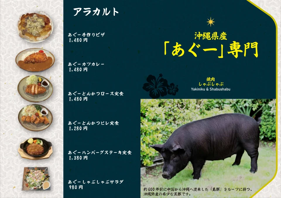 あぐーのピザ、カツカレー、定食など